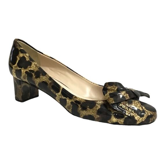 PRADA Patent Leather Animal Print Mid-Heel Bow Pumps Excellent Condition Size 40 - Picture 1 of 12
